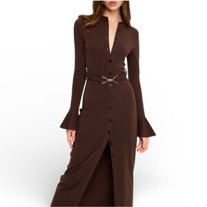 Commense Brown Button Front Maxi Dress Small NWT Flare Cuff Belted Cotton Rayon